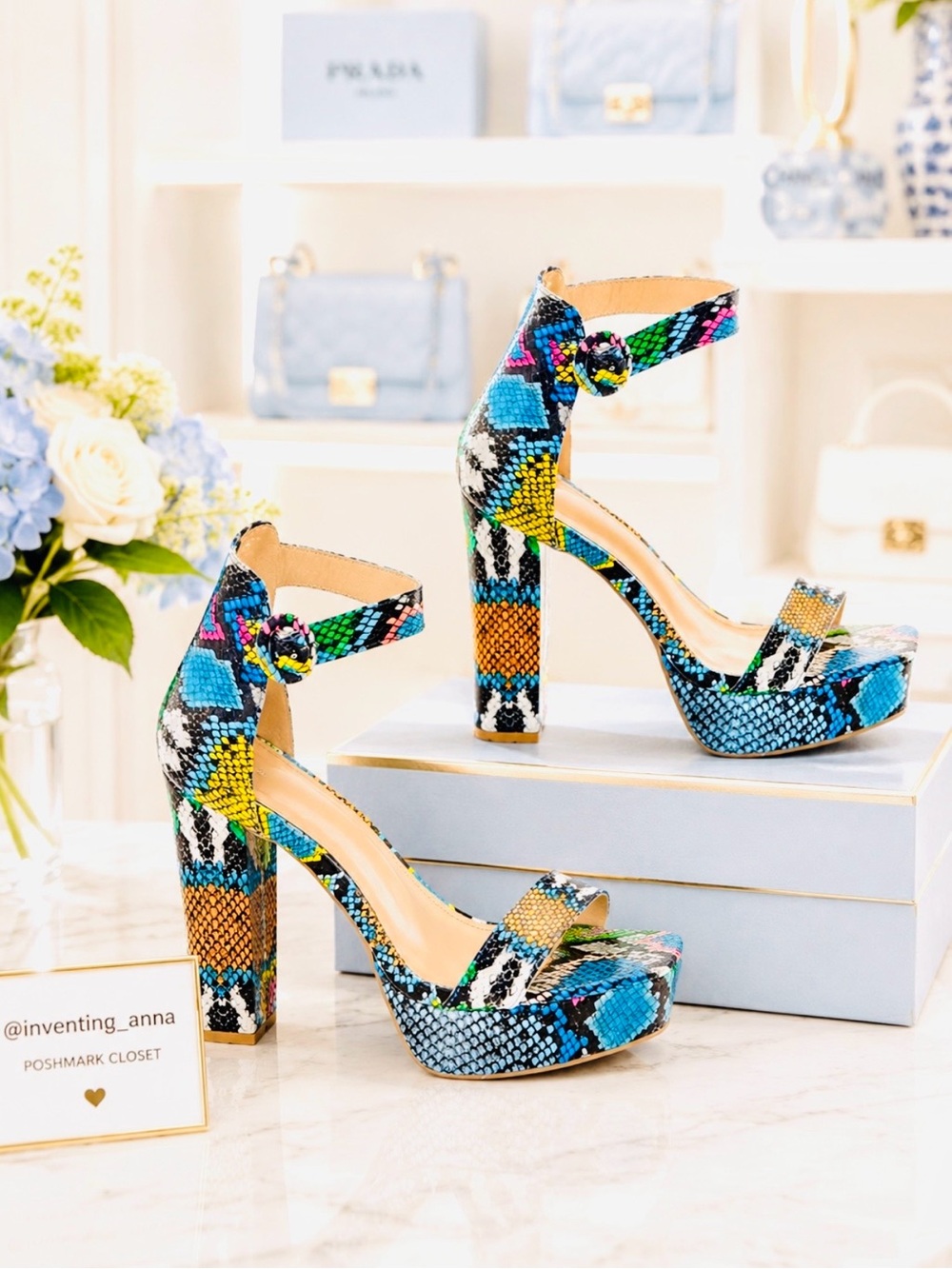 Multi-Colored Snakeskin Print Platform Shoes w/Block Heel and Peep Toe